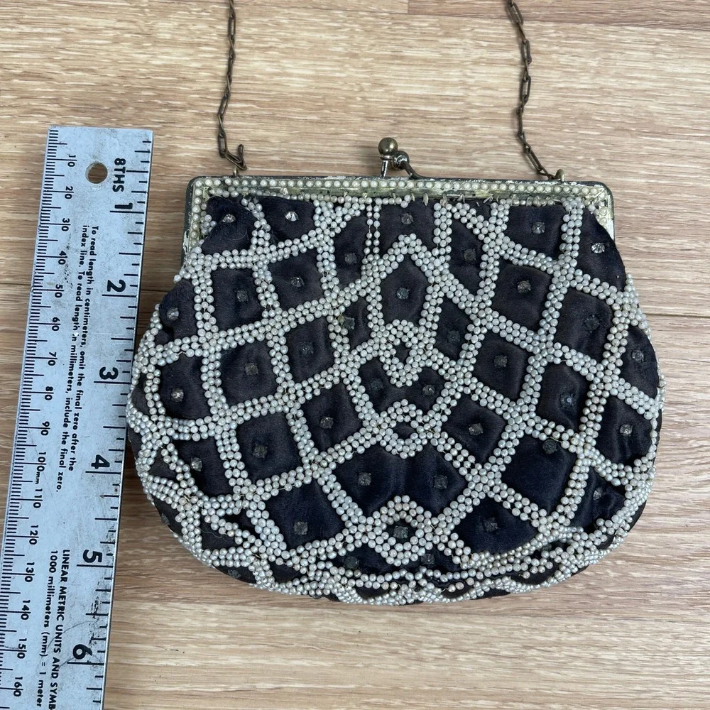 Vintage Black Velvet Faux Pearl Rhinestone Lattice Kiss Lock Clutch Evening Bag